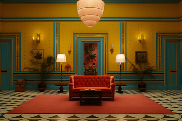 Hotel Lobby at Night with Cinematic Vibes, Nighttime Hotel Lobby, Cinematic Lighting, Pastel Tones, Vintage Interior, Cinematic Night Setting, Elegant Decor, Retro Night Ambiance, istanbul