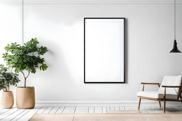 Poster mockup with vertical frame on empty minimal room in living room interior