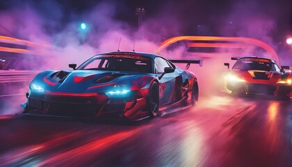 Fototapeta na wymiar Drifting Sport Cars On Dark Background With Smoke. Supercar In The Smoke. Supercar In Motion. Digital AI