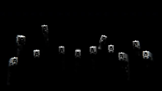 Front view of Handguns coming out of the darkness