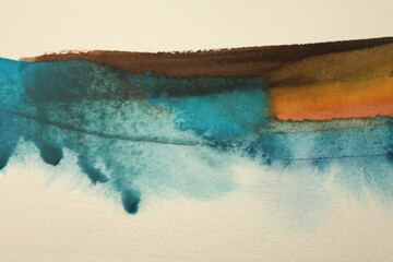 Ink watercolor and acrylic smoke flow stain blot landscape on wet paper texture background.