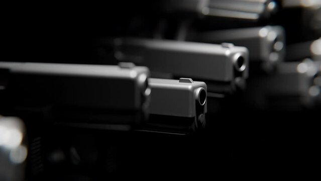 Side view of Handguns coming out of the darkness