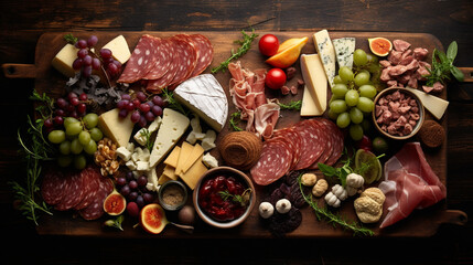 Cheese and meat platter with nuts and dried fruits. Generative AI - obrazy, fototapety, plakaty