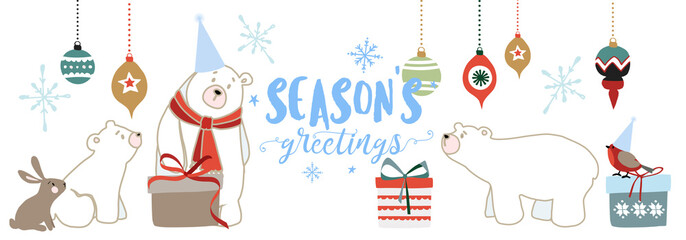 Merry Christmas, New year, Winter illustration with white bears family. Christmas tree balls, snowflakes, gift boxes, funny animals.