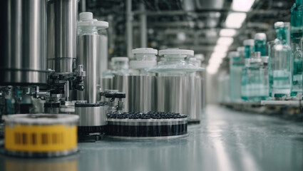 Pharmaceutical sector. Automated conveyor on a production line producing ampoules from glass vials at a pharmaceutical plant. History of the development of the pharmaceutical industry