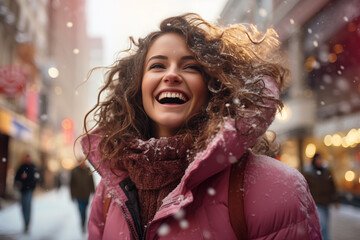 excited young woman under a snowfall on urban winder street - obrazy, fototapety, plakaty