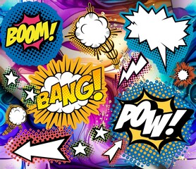 Comics pattern with vintage, retro elements. Space background. Cartoon, text, icon.