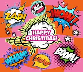 Happy merry Christmas comics illustration. Cartoon cinema, Vintage, retro style. Graffiti elements.