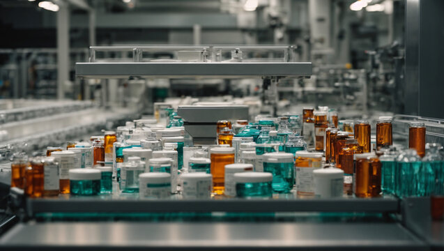 Manufacturing facility specialized in the production of tablets and medicines, equipped with conveyor systems and a laboratory for the development of new products