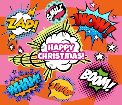Happy merry Christmas comics illustration. Cartoon cinema, Vintage, retro style. Graffiti elements.
