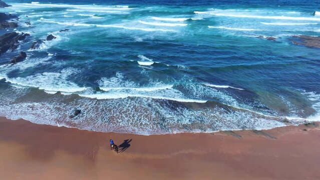 Horseback riding on El Sable beach in the town of Tagle. Aerial view from a drone. Suances Municipality. Cantabrian Sea. Cantabria. Spain. Europe