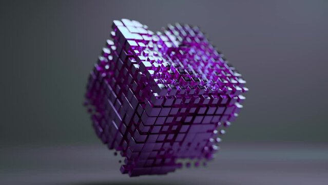 A purple cube made of many cubes pulsating and changing shape in a 3D animation