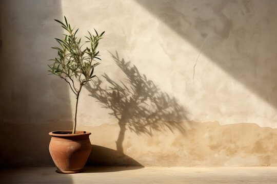 Olive tree in a clay pot on a background of a concrete wall