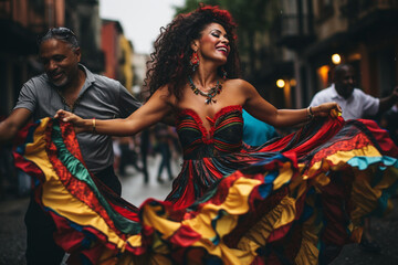 Latin dances, passionate movement, sensuality, colorful outfits, cultural specialty, tradition, fun and enjoyment of the movement of bodies. dance party. Bachata and Salsa dancers move rhythmically.