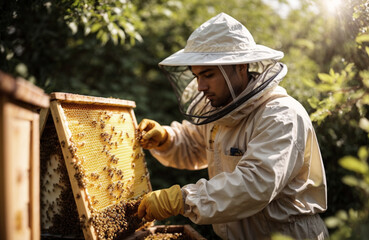 Beekeeper collecting the panels with the honey