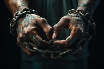 Slavery, forced use of work against persons will. A global problem. Theft. Chains. Forced ownership. Felony criminal. Captive, human trafficking, serfdom, credit, forced marriage. Shackles on hands. - obrazy, fototapety, plakaty