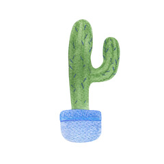 Watercolor illustration of an indoor plant. Spiny cactus in blue pot. Decorative garden flowers for office and home decor, Isolated illustration on white background