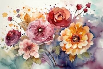 Obraz na płótnie Canvas Artistic arrangement of flowers painted with watercolors. Generative AI