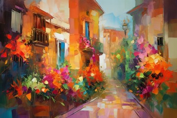 An oil painting depicting a vibrant summer street filled with blooming flowers and colorful abstract elements. Generative AI