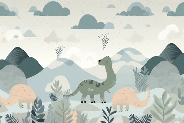 Foto op Plexiglas Scandinavian-style dinosaurs in a mountain landscape with clouds for children's tropical wallpaper. Ideal for children's room decor. Generative AI © Pascal