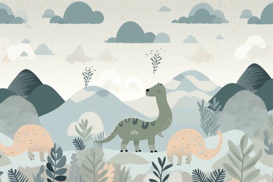 Scandinavian-style dinosaurs in a mountain landscape with clouds for children's tropical wallpaper. Ideal for children's room decor. Generative AI © Pascal