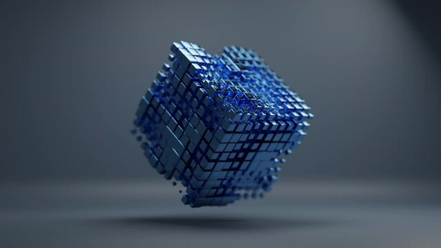 A blue cube made of many cubes pulsating
