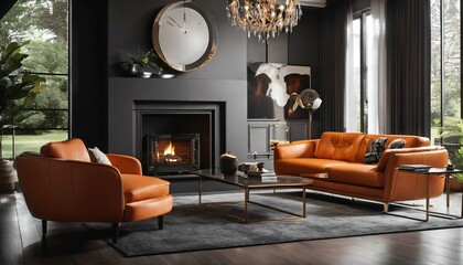 Orange leather sofas and chairs in large living room with modern interior design against a dark classic wall for home