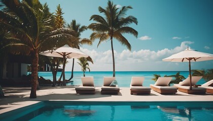 Fototapeta na wymiar Palm trees and blue sky over luxurious swimming pool and loungers umbrellas near beach and sea