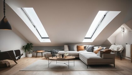 Scandinavian home interior: Modern living room design in attic with lining ceiling