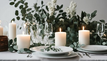 Eucalyptus and candles in minimalist tablescape: White and green design