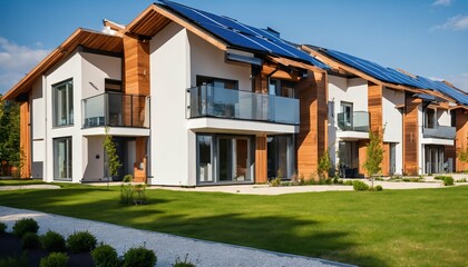 Fototapeta na wymiar Solar photovoltaic cells in modern homes: Highlighting eco-friendly multifamily living