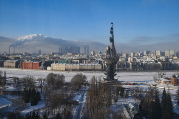 January 9, 2023, Moscow, Russia. View of the snow-covered Muzeon Park and the monument to Peter the Great in the Russian capital.
