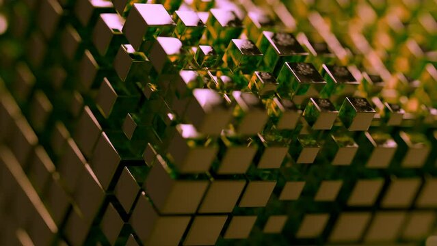 A yellow and green cube made of many cubes shape shifting and moving
