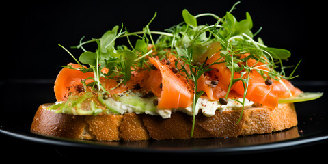 Close up of healthy sandwich with smoked salmon and greens, black background