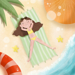 Cute little girl sunbathing on the beach. Cute summer illustration