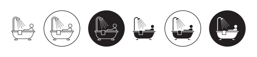 Person Bathing icon set. hot water bathing bathtub vector symbol. take warm bath sign in black filled and outlined style. - obrazy, fototapety, plakaty