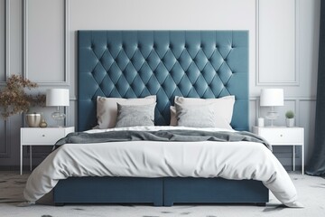 Contemporary bedroom with white and blue wooden headboard, velvet bed, bedding, pillows, and carpet. Minimalist top view interior design. Generative AI