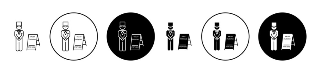 valet icon set. parking service driver vector symbol in black filled and outlined style.