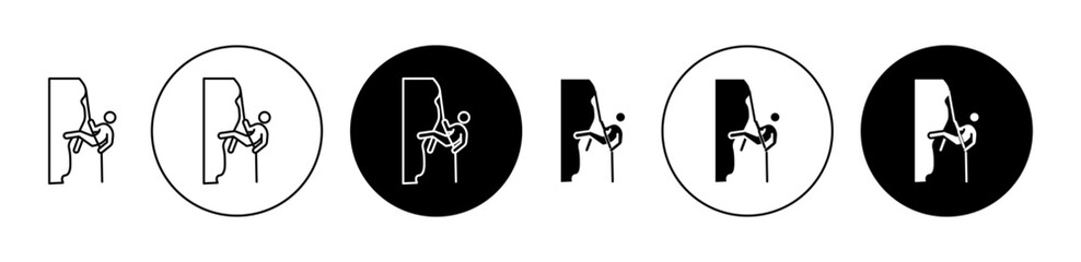 Rappelling icon set. rock climber climbing vector symbol in black filled and outlined style.