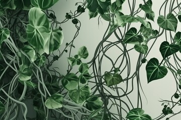 Green leaves jungle vine with twisted vines and tendrils climbing tropical plant. Generative AI