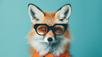 A business fox in black fashion glasses with blue copy space