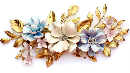 3d illustration of flowers in gold and blue colors on white background