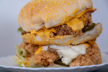 Chicken burger with pickles bread sesame and cheese all around isolated on white background with bowl