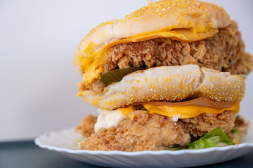 Chicken burger with pickles bread sesame and cheese all around isolated on white background with bowl
