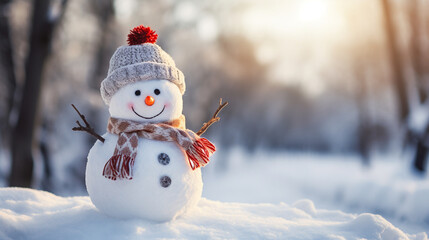 Obraz premium Panoramic view of happy snowman in winter scenery with copy space. Generative AI