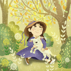 Little Girl Hugging Dog. Little girl hugging dog sitting in garden on clearing