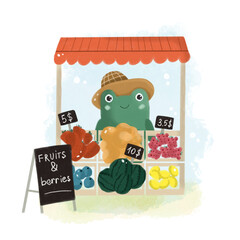 frog in hat selling vegetables and fruits