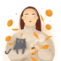 Cute girl in a warm sweater holding a cat. Cozy and warm illustration