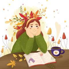 Autumn girl reading a book. Leaves and berries in hair