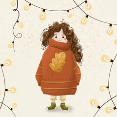 Cute curly girl in a warm sweater